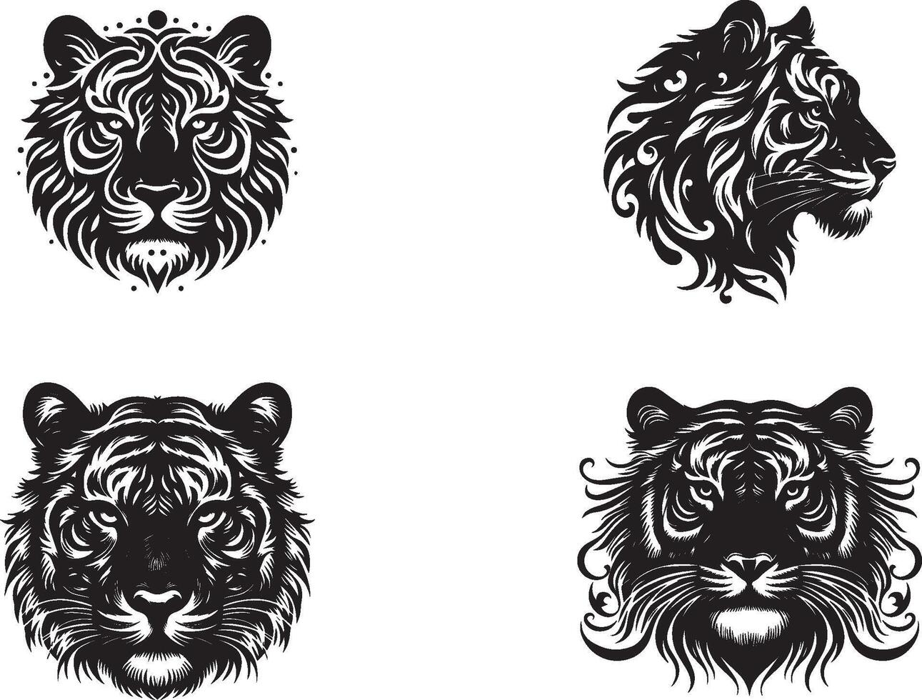 Black and White Tiger Head Silhouette Designs vector