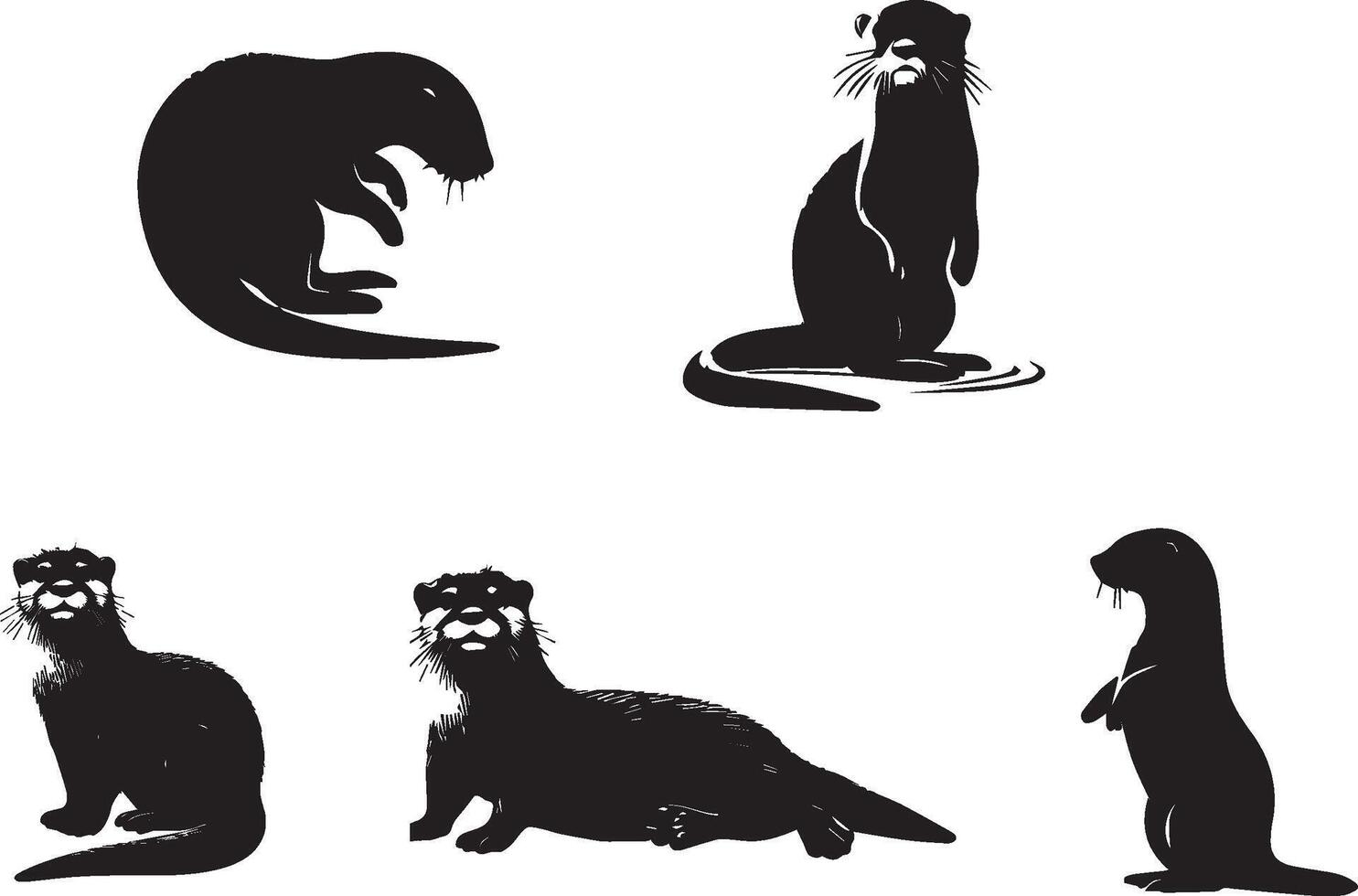 Otters in Various Poses Black Silhouettes vector