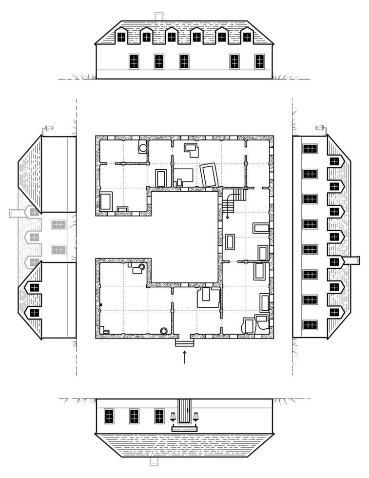 Detailed Architectural Plan with Elevations and Floor Layout vector