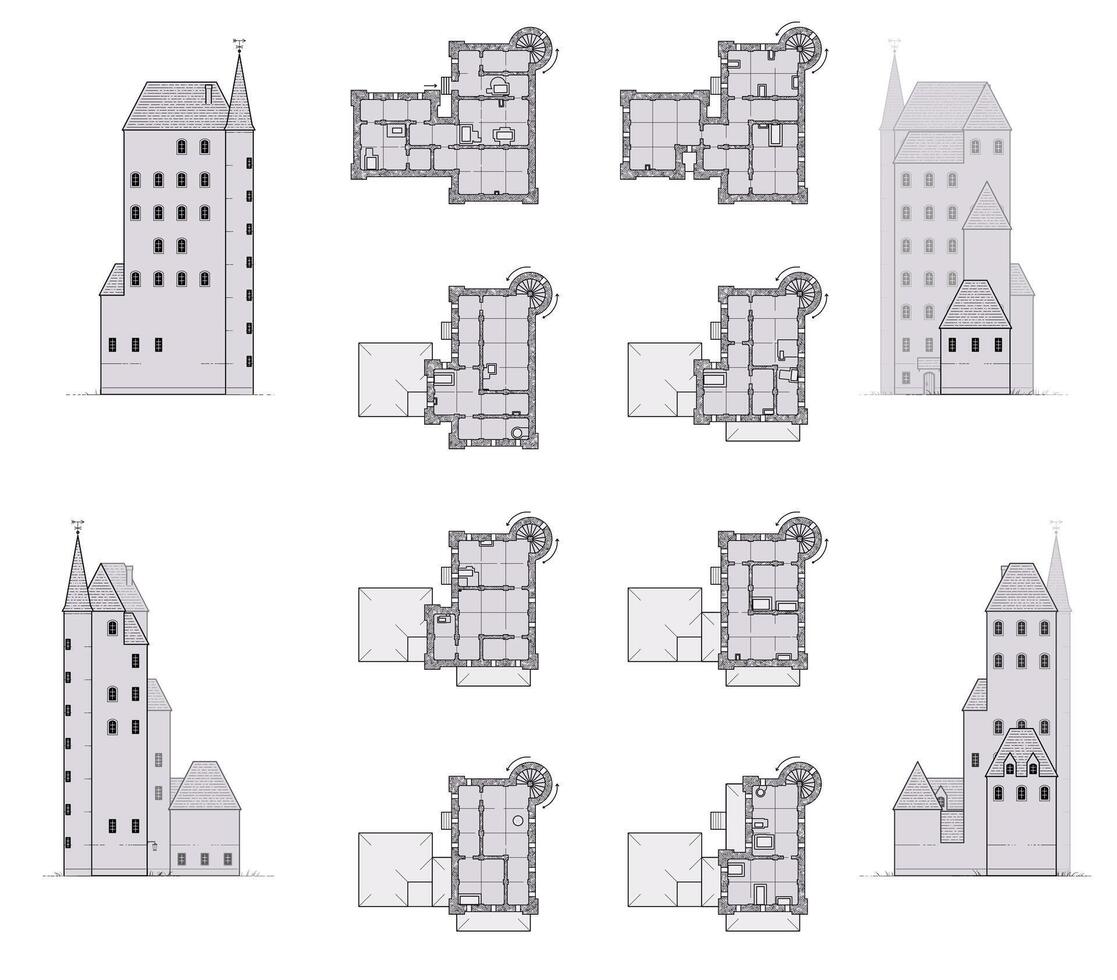 Architectural Renderings of Medieval Castle Plans and Elevations vector
