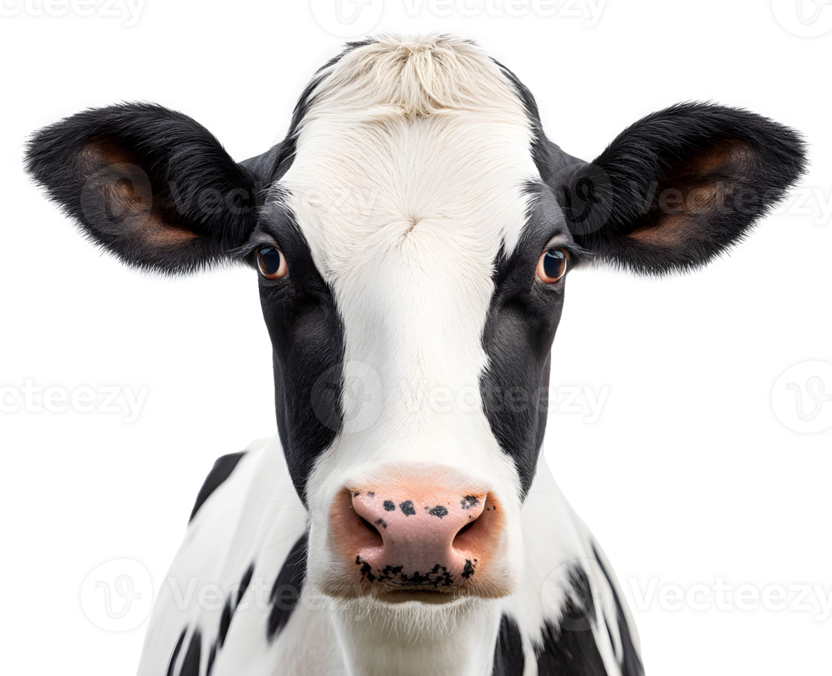 Close-up of a black and white dairy cow looking directly at the viewer, showcasing large expressive eyes and prominent nose png