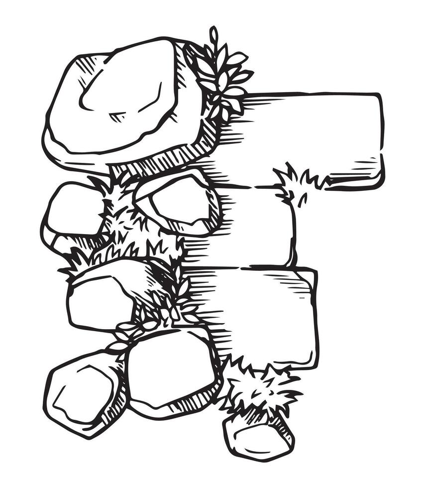 Architectural ink drawing. Top view of hand-drawn stone pavement with grass vector