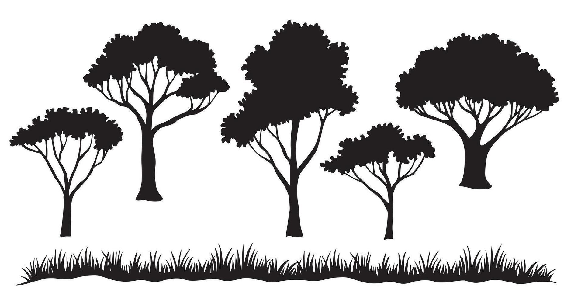 Set of grass and trees silhouettes. Black and white illustration vector