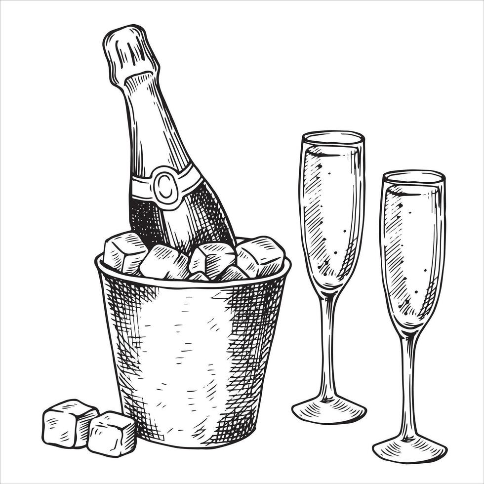 festive champagne in ice bucket. illustration in sketch style vector