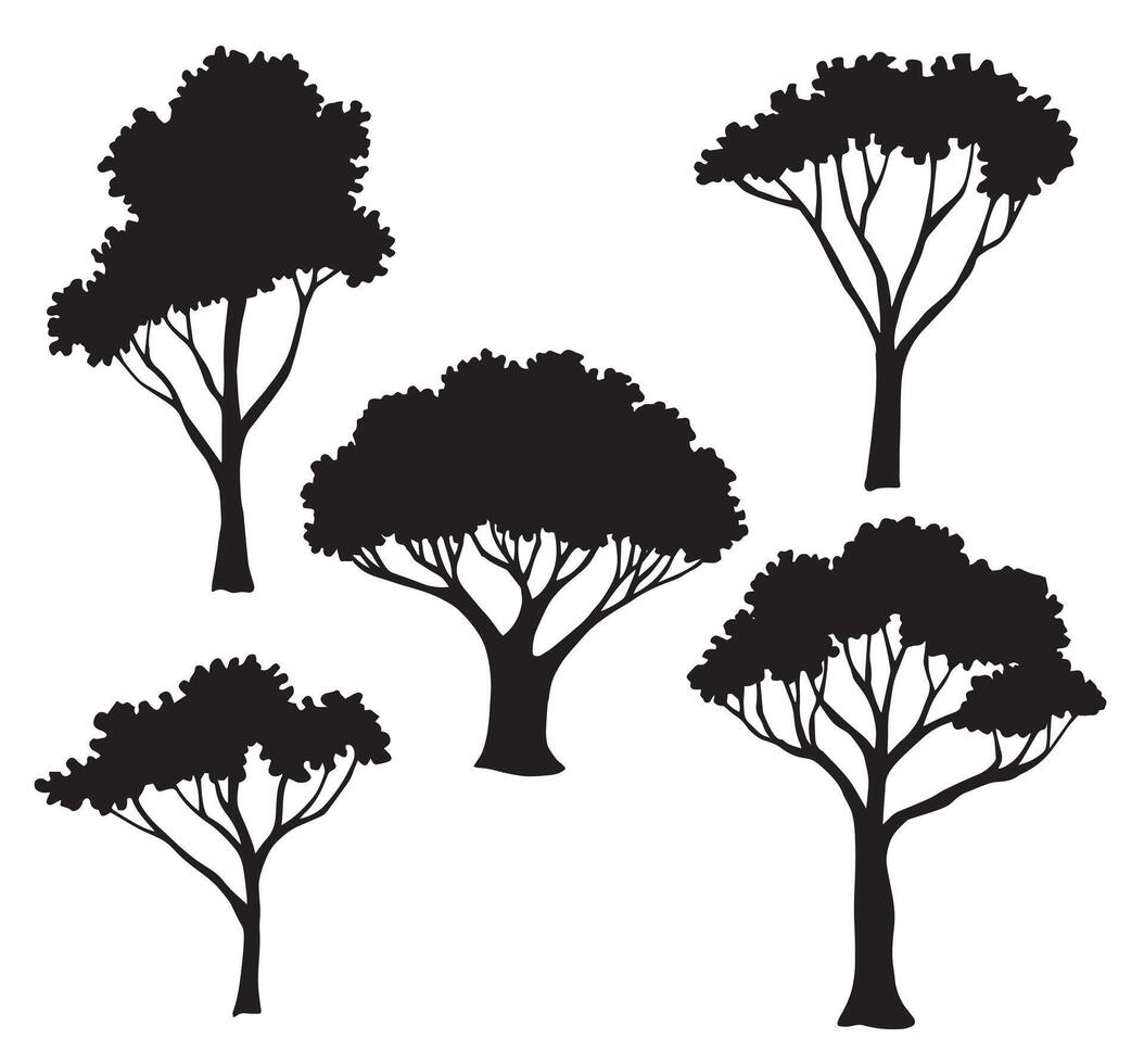 Set of tree silhouettes. Black and white illustration vector