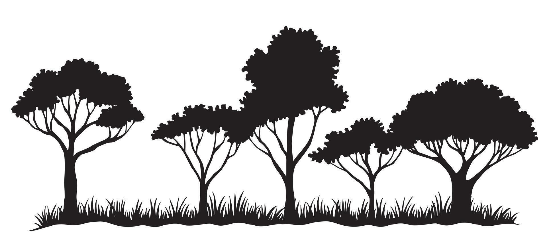 Black and white illustration of landscape with grass and trees. vector
