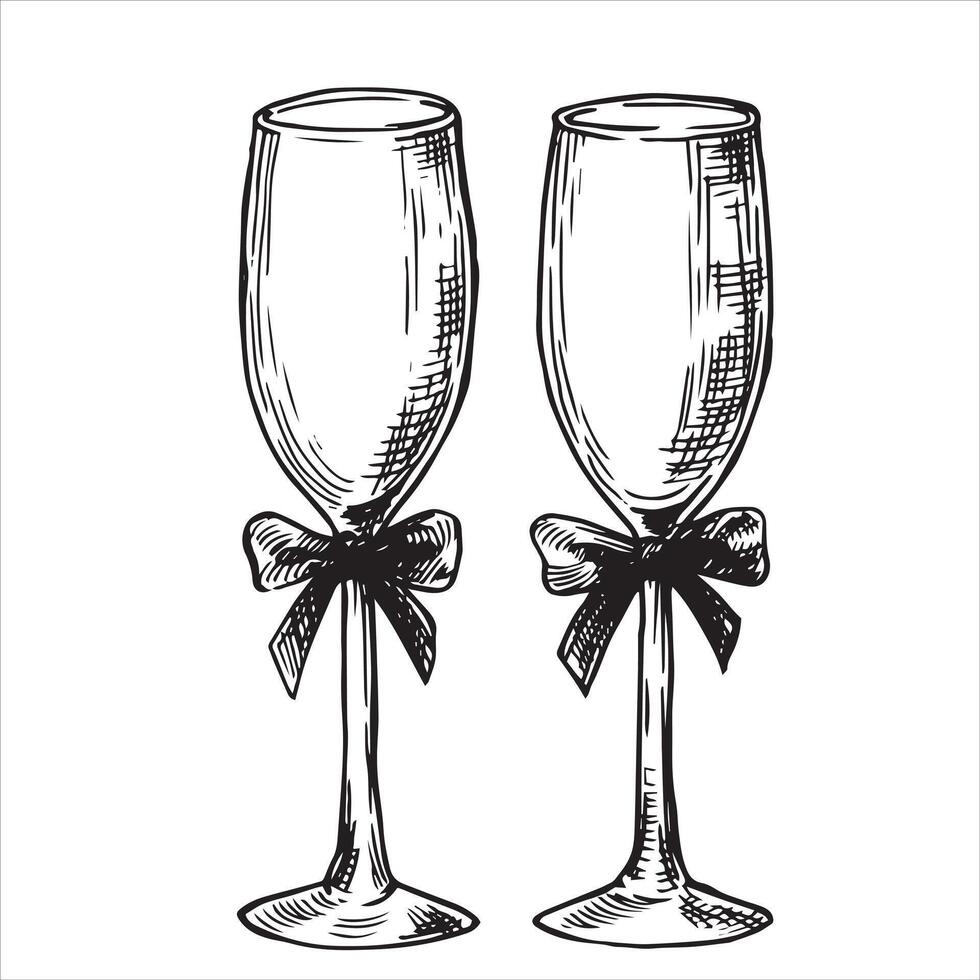 Pair of wedding glasses with bows. illustration in doodle style vector