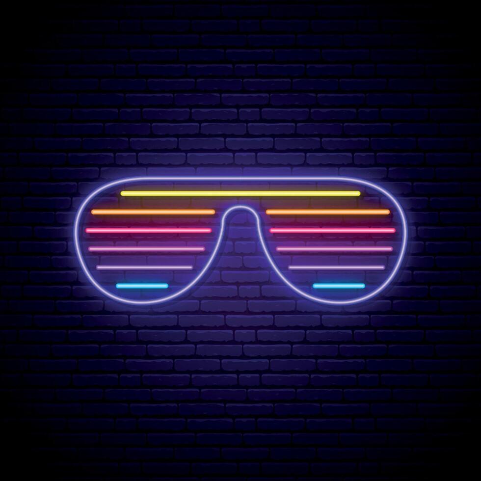 Neon shutter glasses sign in retro 80s style. vector