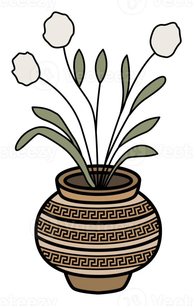 Decorative boho vase with ethnic patterns, filled with minimal white flowers and green leaves. Perfect for rustic, botanical, or cozy interior decor and design projects. png