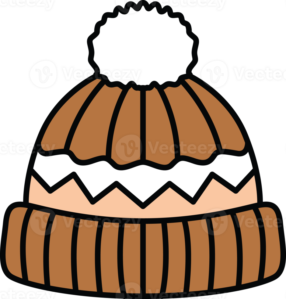 Simple and cozy brown knit beanie with a white zigzag pattern and fluffy pom pom. Perfect for winter, holiday, or cozy-themed projects and designs. png