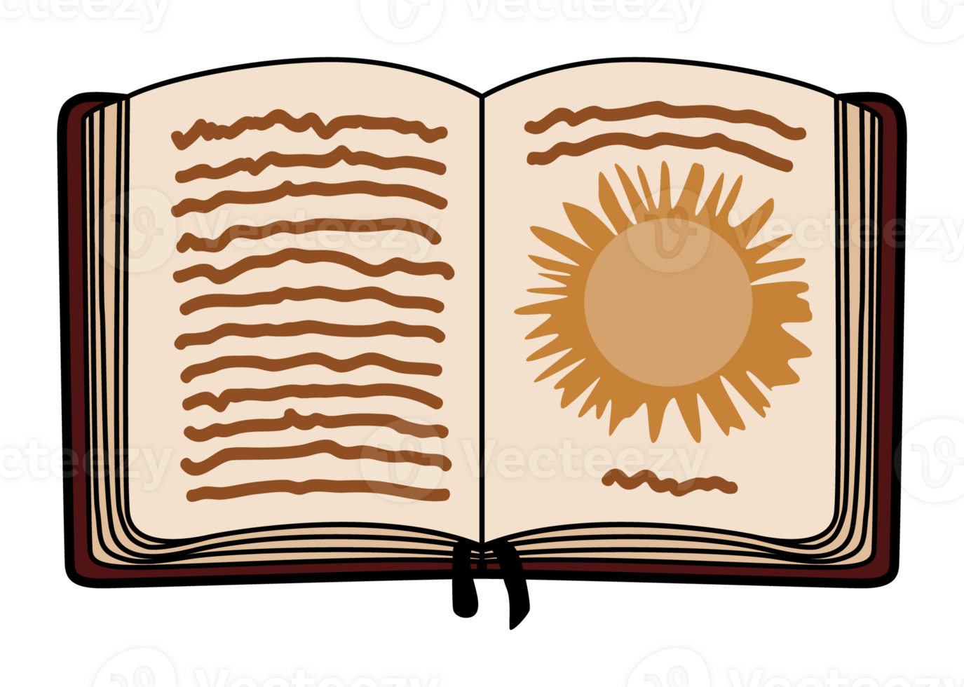 Open book with handwritten notes and a sun illustration on one page. Ideal for themes of journaling, spirituality, learning, and boho lifestyle. png