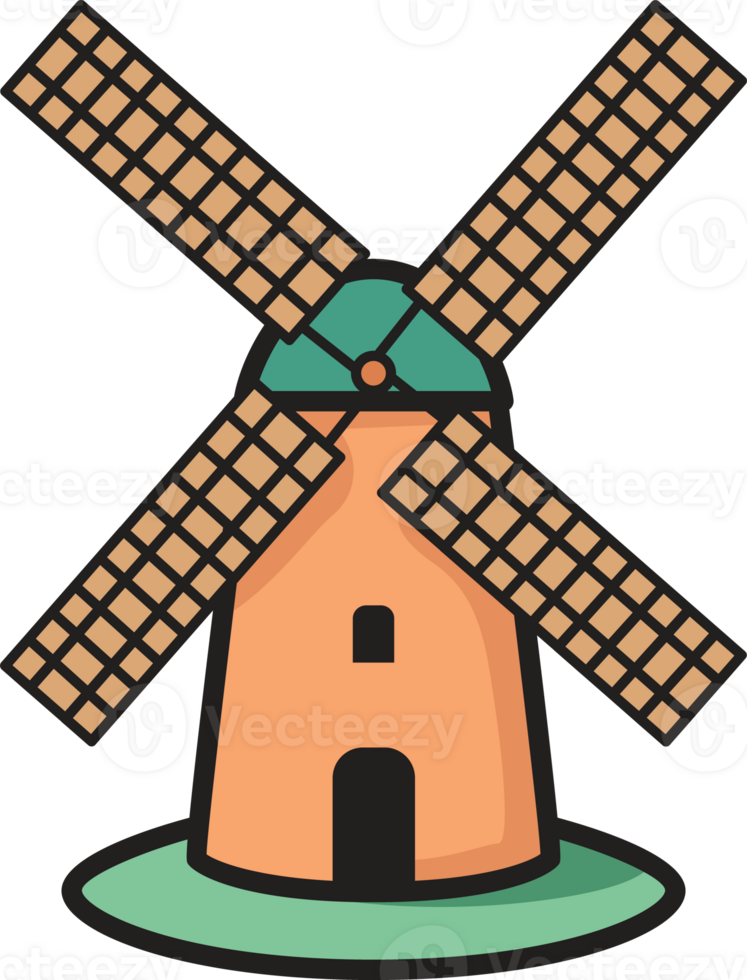 Hand-drawn windmill with large blades on green grass. Perfect for farm, countryside, or rural-themed creative projects and design elements. png