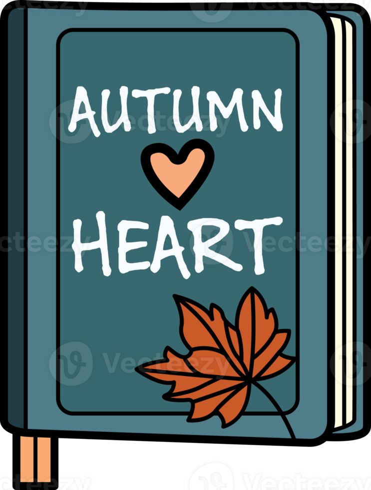 Hand-drawn book cover with Autumn Heart text, a heart, and a fall leaf. Perfect for seasonal designs, stationery, or cozy creative projects. png