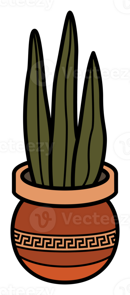 Minimalist snake plant in a terracotta pot with decorative Greek pattern, perfect for indoor decor, plant lovers, or boho-style themes. png