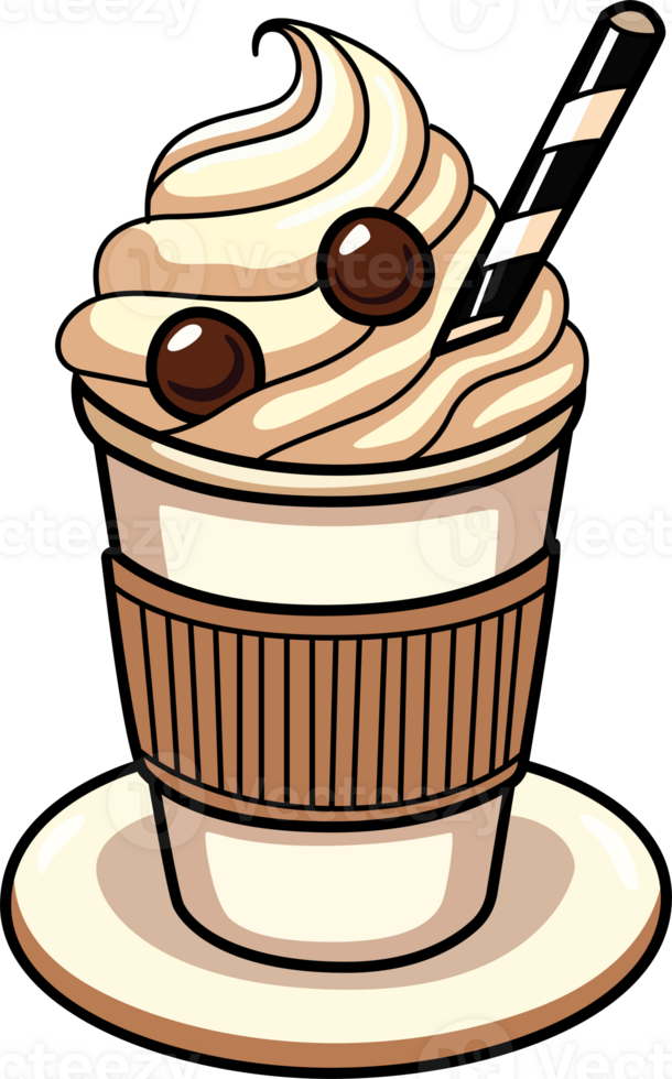 Creamy whipped coffee drink with chocolate toppings and striped straw, served in a cup on a saucer. Ideal for cafe stickers, dessert graphics, or cozy food art. png