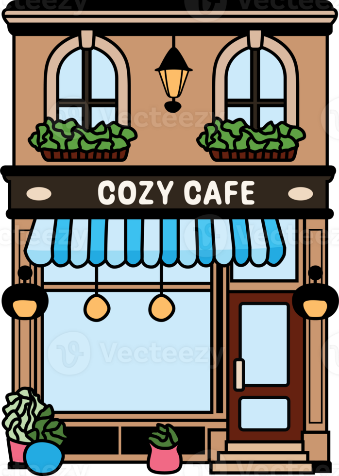Charming illustrated cafe storefront with arched windows, hanging lights, potted plants, and a striped blue awning. Ideal for cafe designs and cozy lifestyle stickers. png