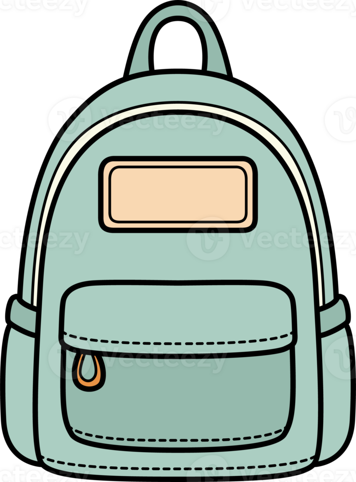 Simple hand-drawn illustration of a blue backpack with a front pocket and label. Ideal for school, travel, stationery, and back-to-school design projects. png