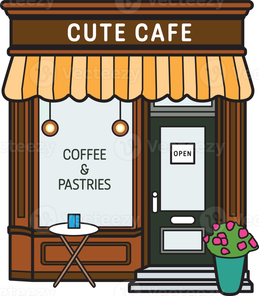Adorable cafe storefront with striped awning, coffee sign, open door, and patio table. Perfect for cozy cafe themes, food stickers, or small business designs. png