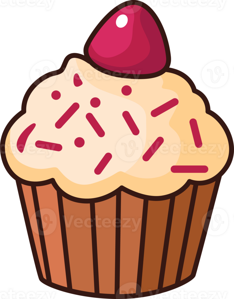 Cartoon cupcake with pink sprinkles and a berry on top, in a soft and playful flat style. Great for bakery themes, party graphics, and dessert stickers. png