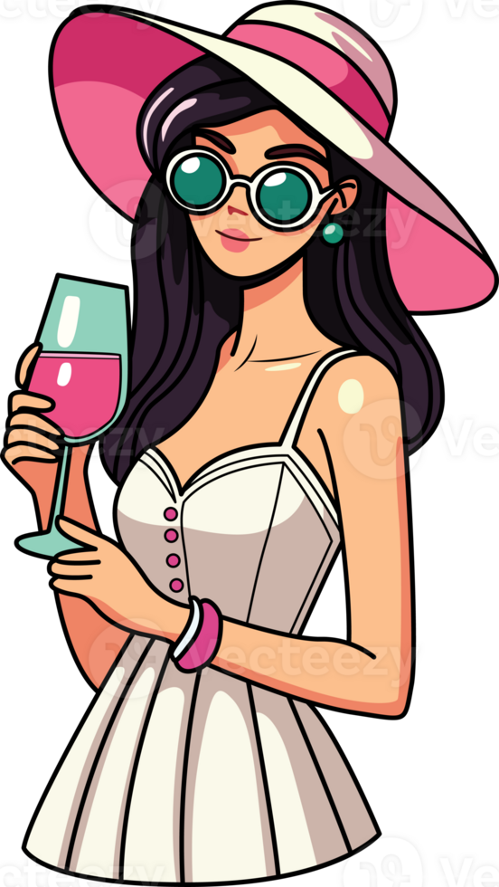 Elegant woman in a sunhat and sunglasses, holding a wine glass. Perfect for summer, vacation, lifestyle, and fashion-themed designs. png