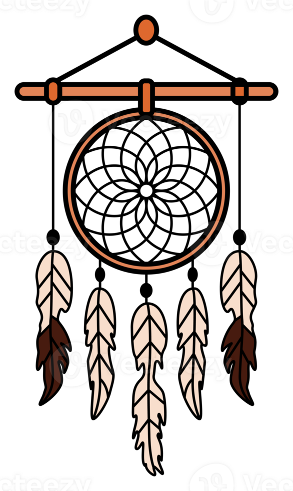 Boho-style cartoon dreamcatcher with feathers and a detailed web design. Perfect for spiritual themes, bohemian decor, and cozy aesthetic collections. png