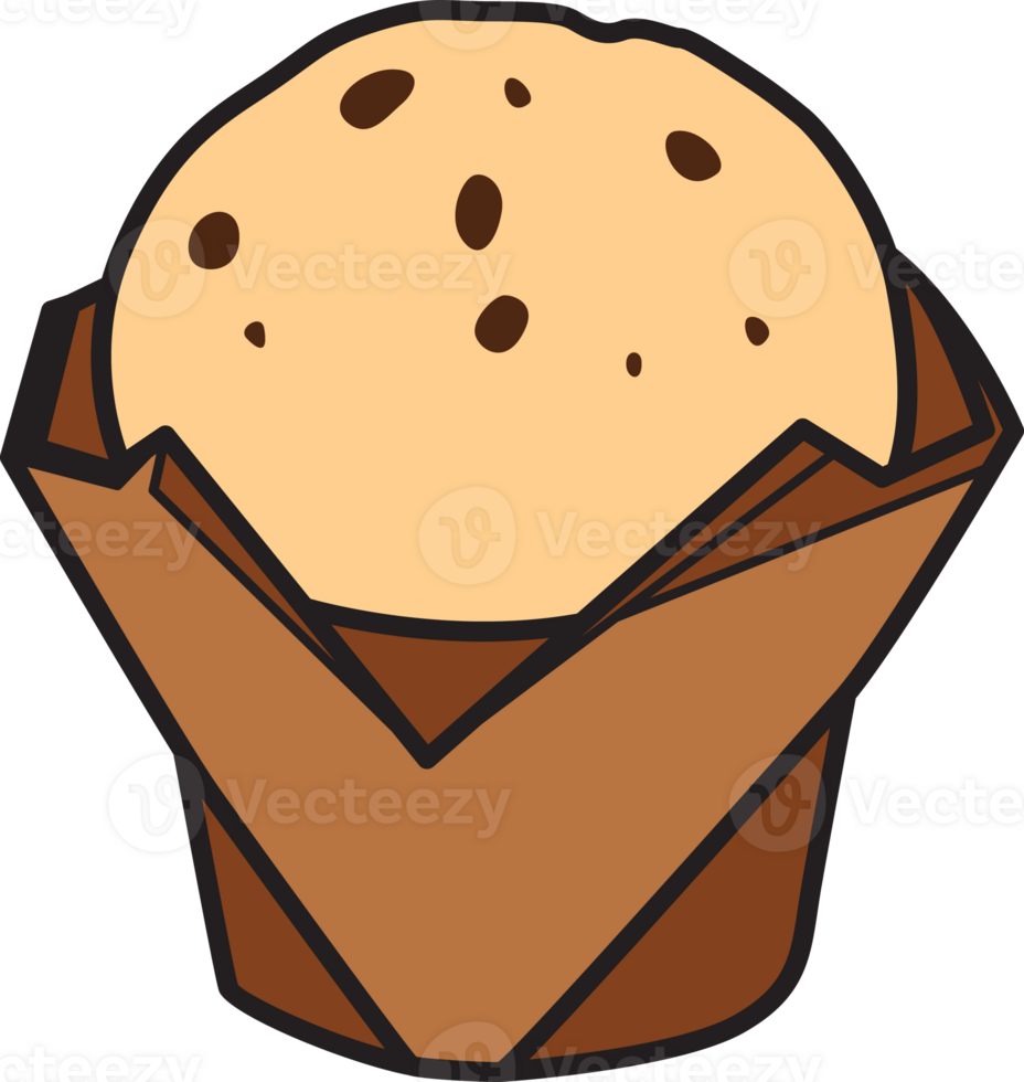 Cute cartoon muffin with chocolate chips in a brown wrapper, illustrated in a flat style. Ideal for dessert-themed stickers, bakery designs, or sweet food projects. png