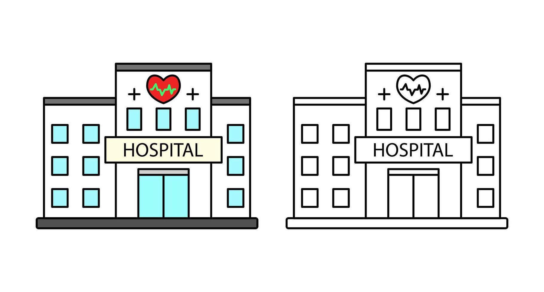 hospital building in two styles, colorful and outline. Ideal for use in medical, healthcare, emergency services and hospital-related design projects. editable strokes vector