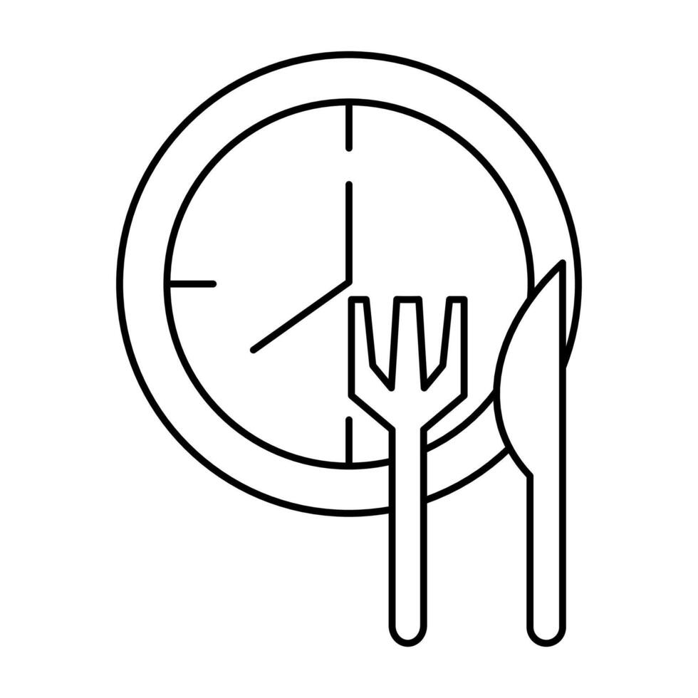 A simple black line art illustration of cutlery, featuring a fork, knife, and plate. vector