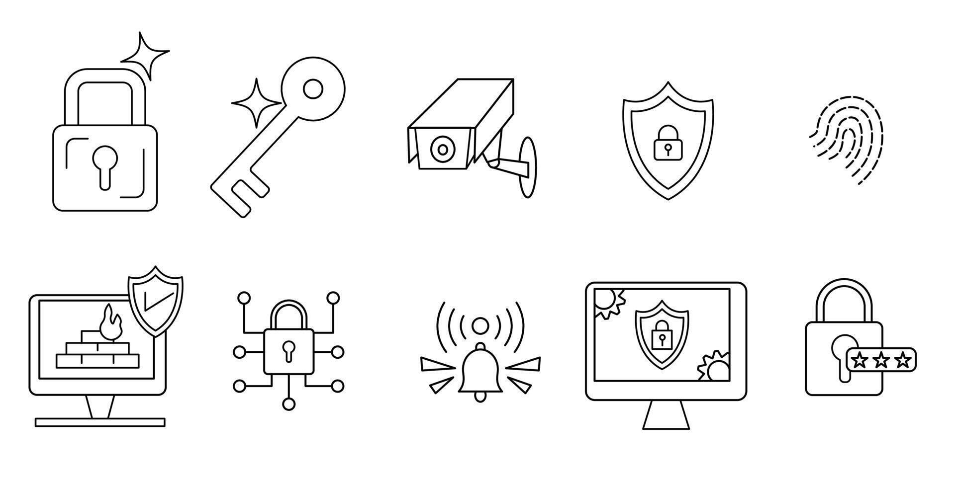 A set of editable line icons themed around digital security and protection. Suitable for use in cybersecurity applications, websites, infographics and data protection materials vector