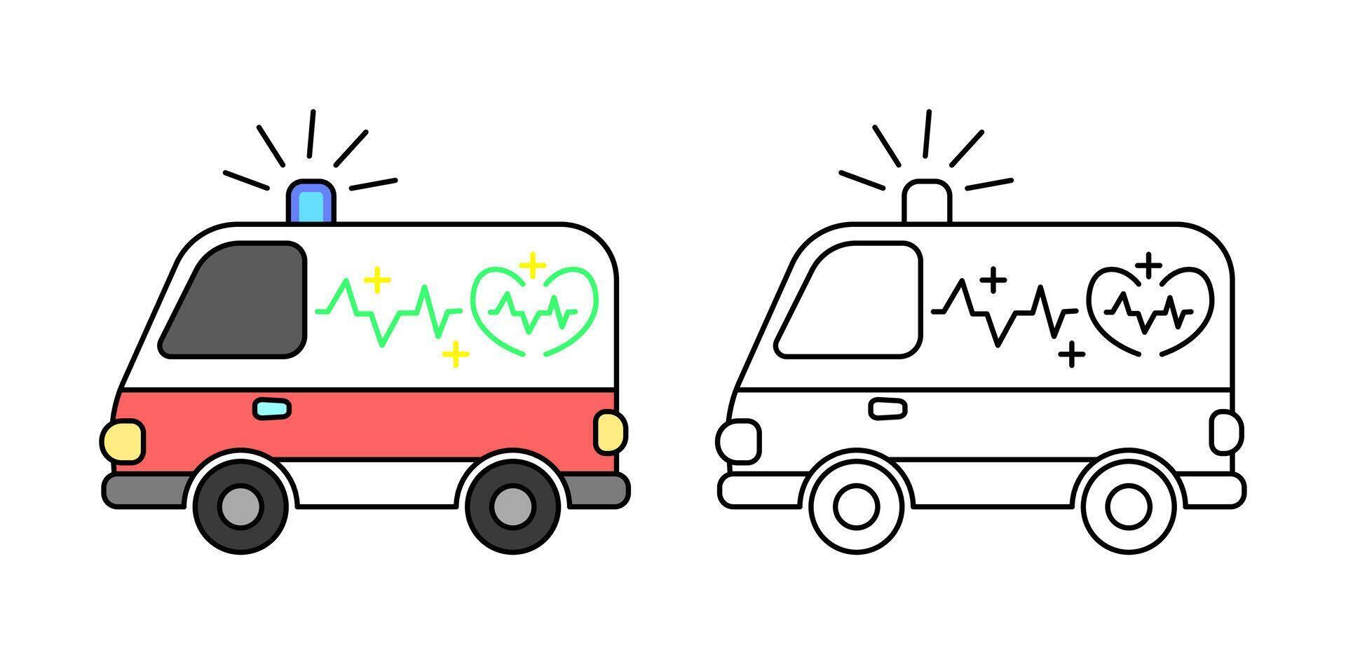 Ambulance vehicle in colored and outline versions. Featuring heart beat line symbols and emergency siren. Relevant to medical, emergency and healthcare transportation. Editable strokes vector