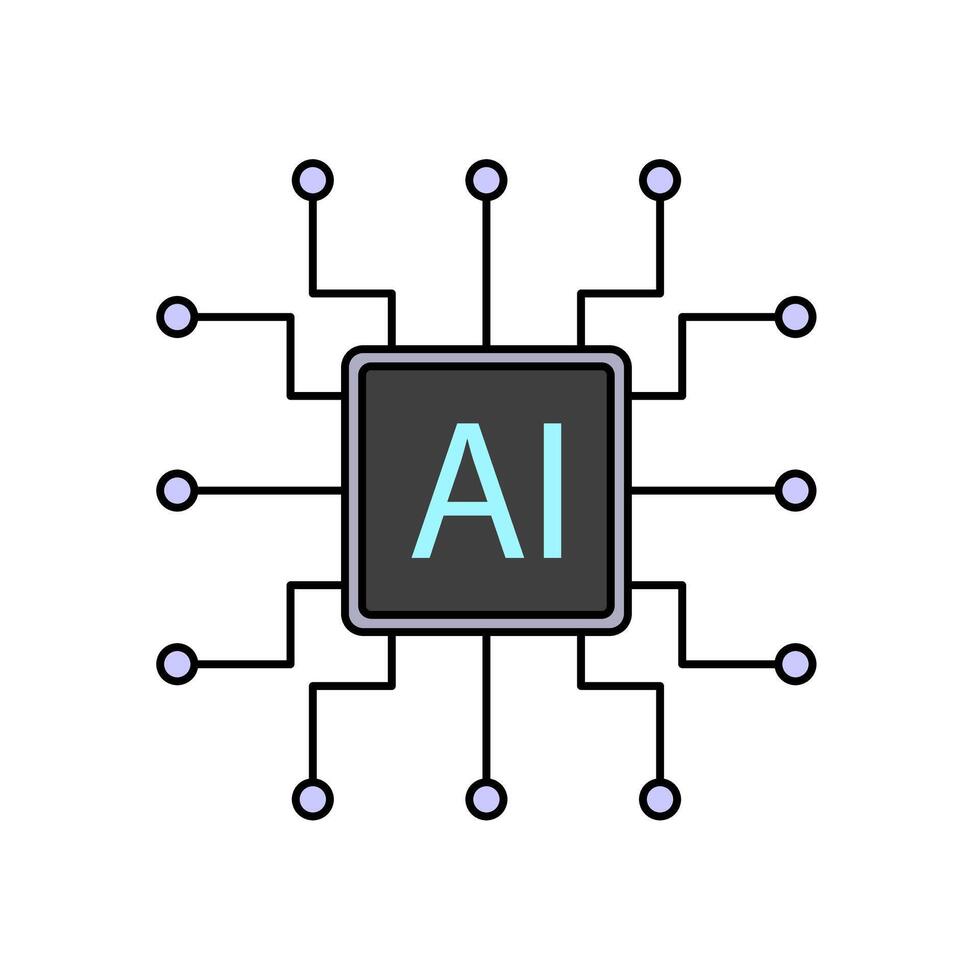 Illustration of an AI chip. Depicting artificial intelligence technology with a microchip design and connected circuits, symbolizing advanced computing and machine learning. vector