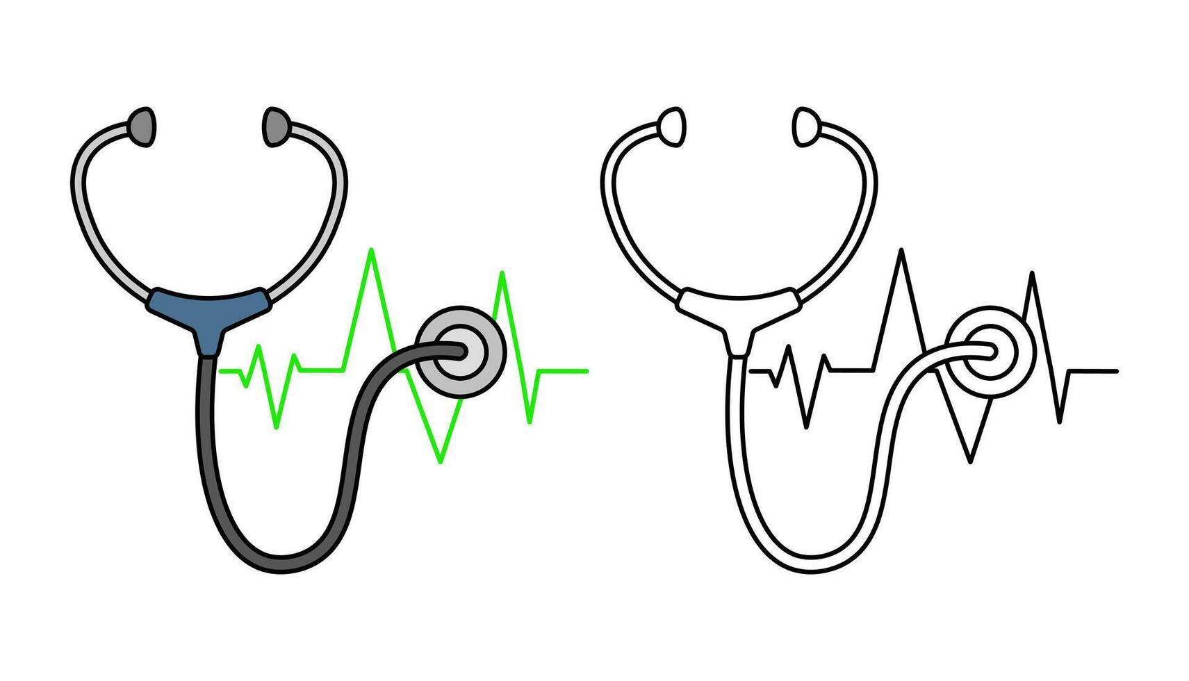 stethoscope in two styles, colored and outlined. the heartbeat outline symbol represents medical examination and heart monitoring. relevant to health, hospitals, clinics and doctors.editable strokes vector