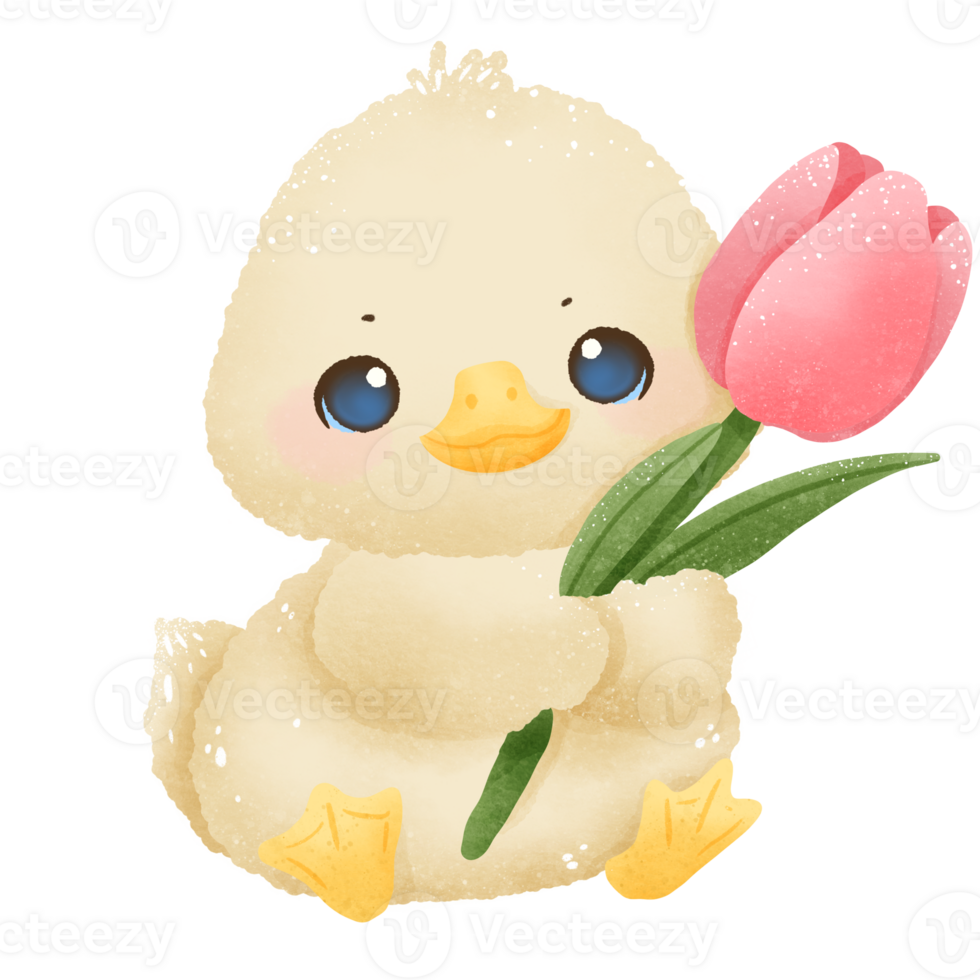 Cute baby goose holding a tulip flower hand drawn clipart with transparent background. Perfect for cards, crafts, stickers, and spring designs png