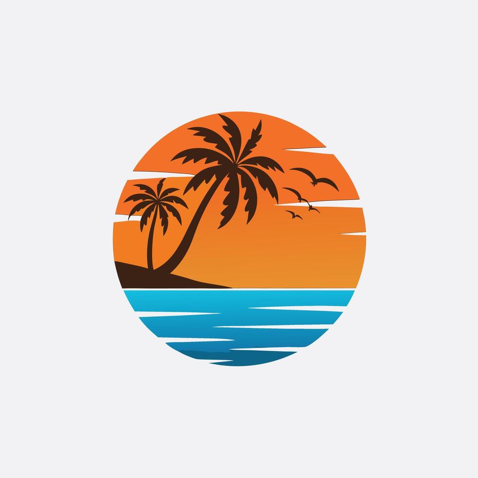 Sunset view on tropical beach with palm silhouettes. vector