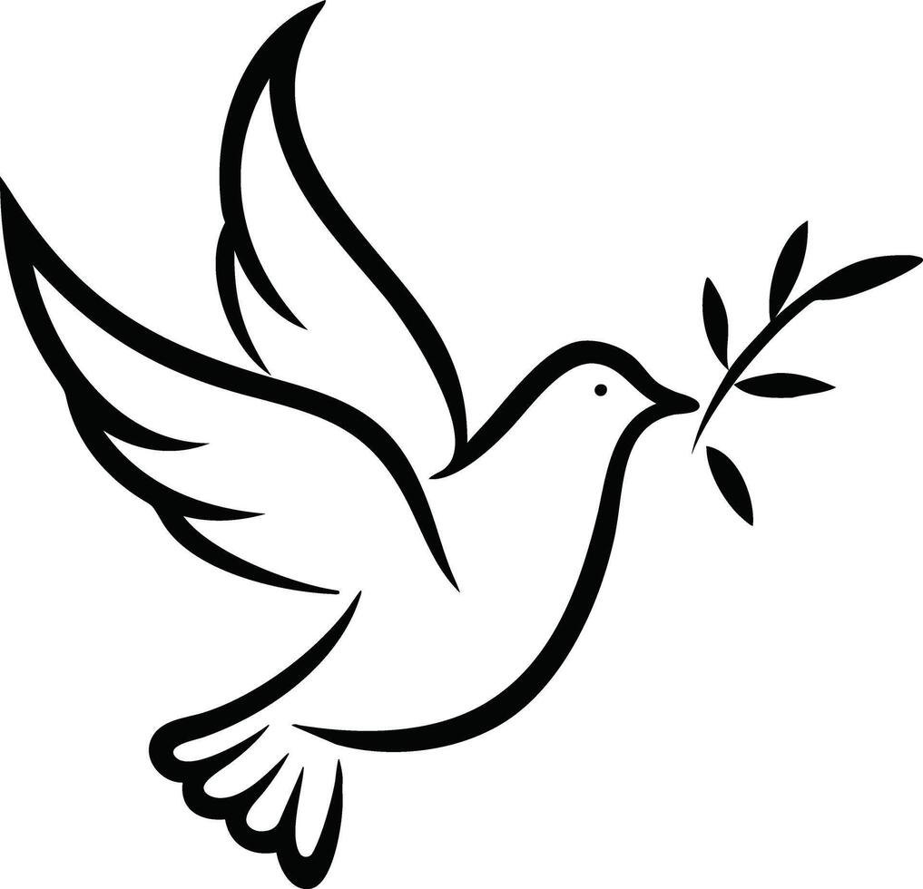 Dove carrying olive branch minimal black and white style. vector