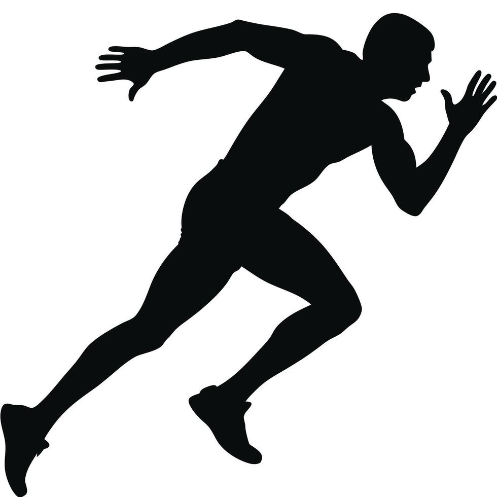 A black silhouette of a male athlete in a full action stance. vector