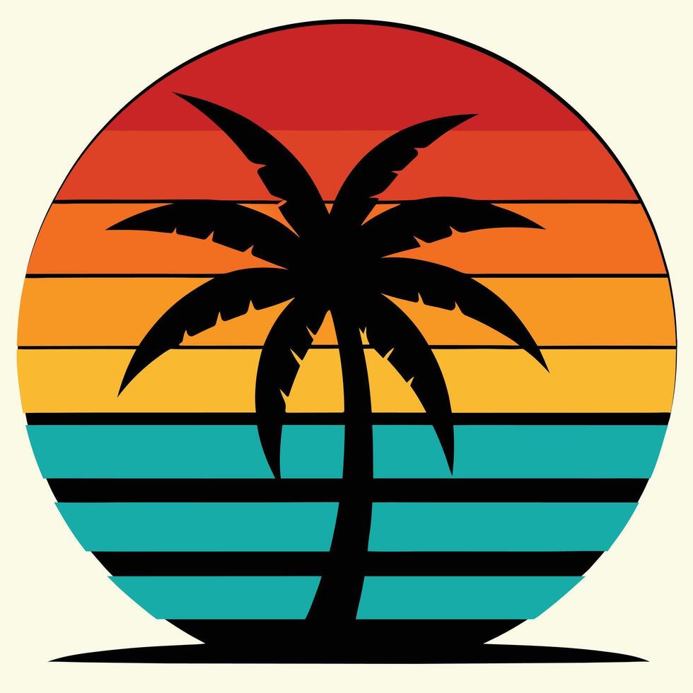 Retro striped design with palm tree silhouette and sun. vector