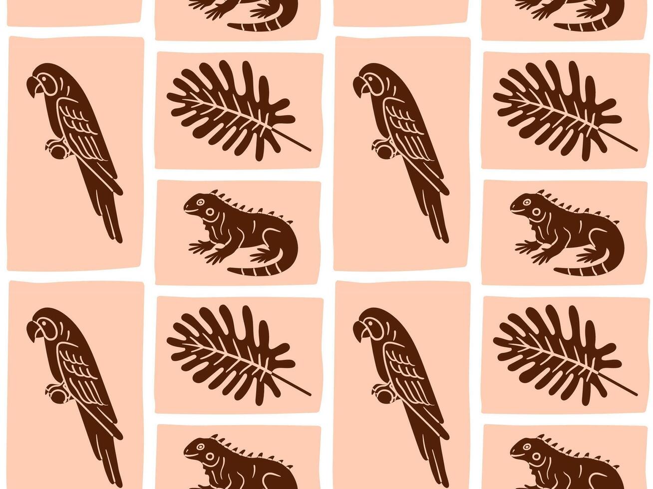 Hand-drawn seamless pattern with parrot, iguana, and tropical monstera leaf in warm brown tones. Ideal for jungle-themed packaging, fabric, and eco-friendly designs. vector