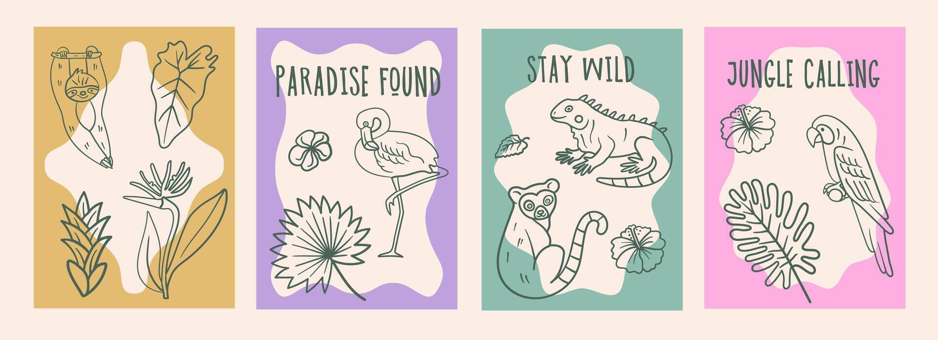 Hand-drawn doodle cards imitating pen line art. Exotic animals, tropical plants, and jungle vibes, ideal for summer-themed, adventure, and travel projects. vector