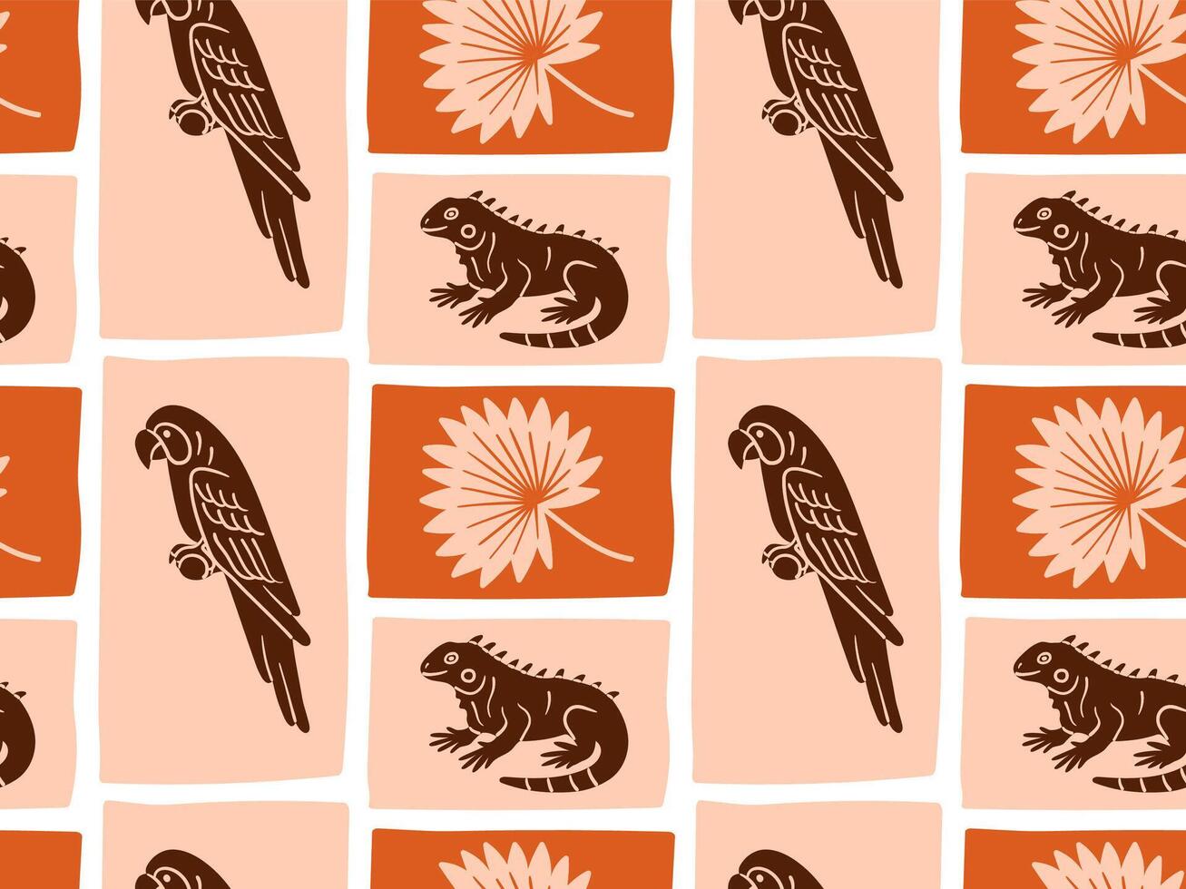 Tropical seamless pattern with parrot, iguana, and palm leaf in bold earthy colors. Hand-drawn doodle style perfect for summer textiles, wrapping, and surface design. vector
