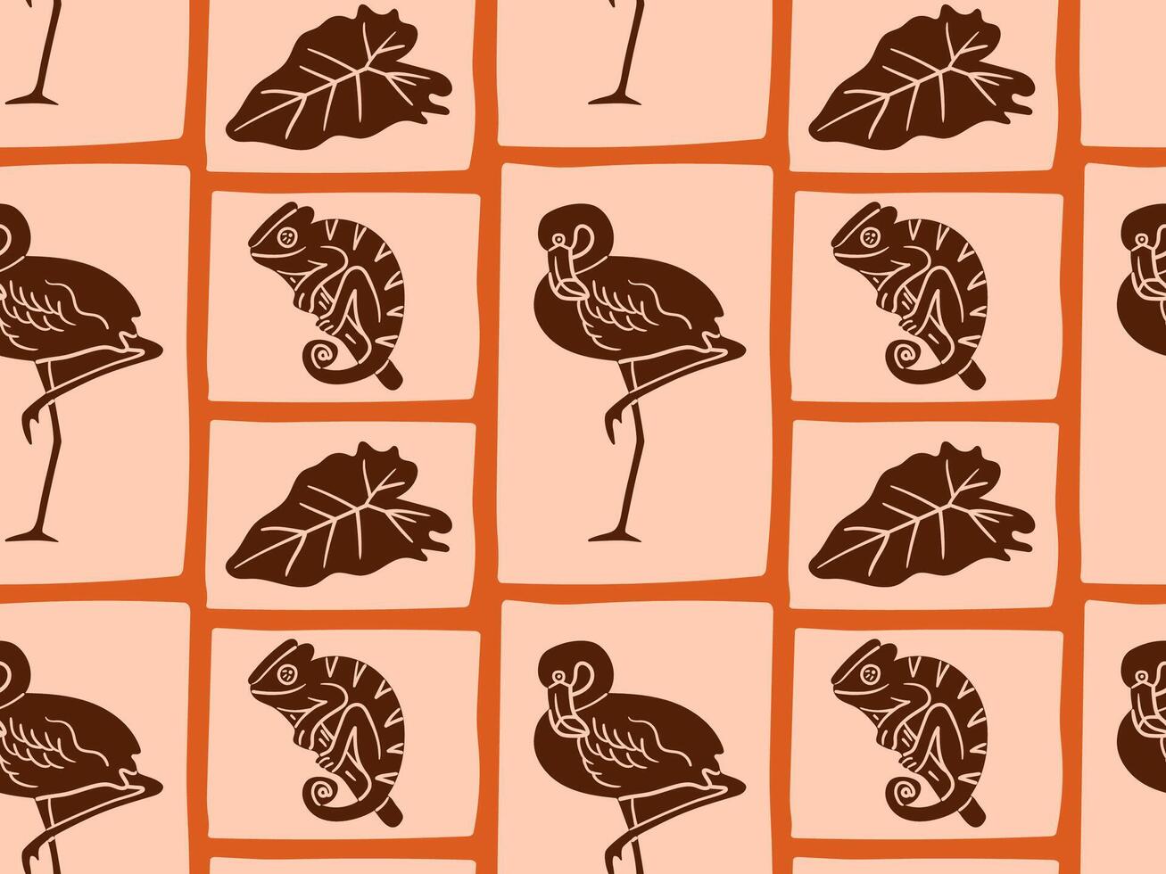Seamless doodle pattern with flamingo, chameleon, and tropical leaf, hand-drawn with pen imitation. Great for rainforest-themed textiles, kids decor, and eco packaging. vector