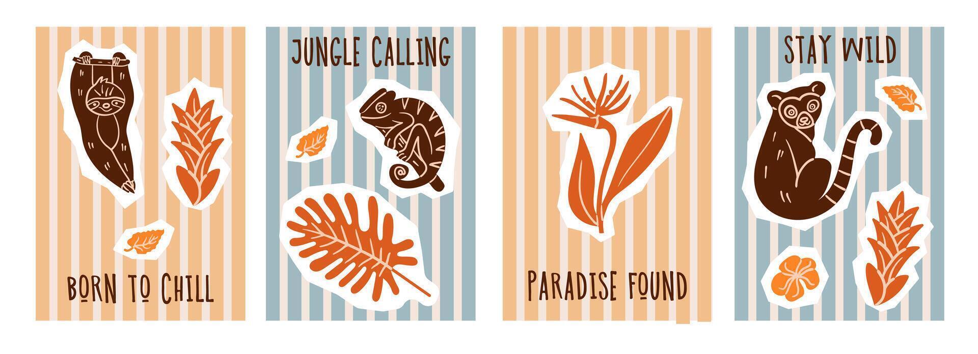 Hand-drawn doodle illustration set imitating pen art. Includes exotic animals, jungle plants, and tropical leaves, perfect for summer, travel, and adventure designs. vector