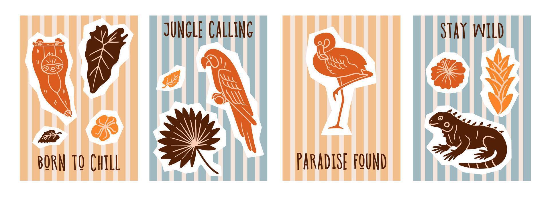 Set of colorful tropical animal postcards with quotes. Includes sloth, parrot, flamingo, and iguana surrounded by jungle leaves and flowers. Perfect for summer designs and kids' projects. vector