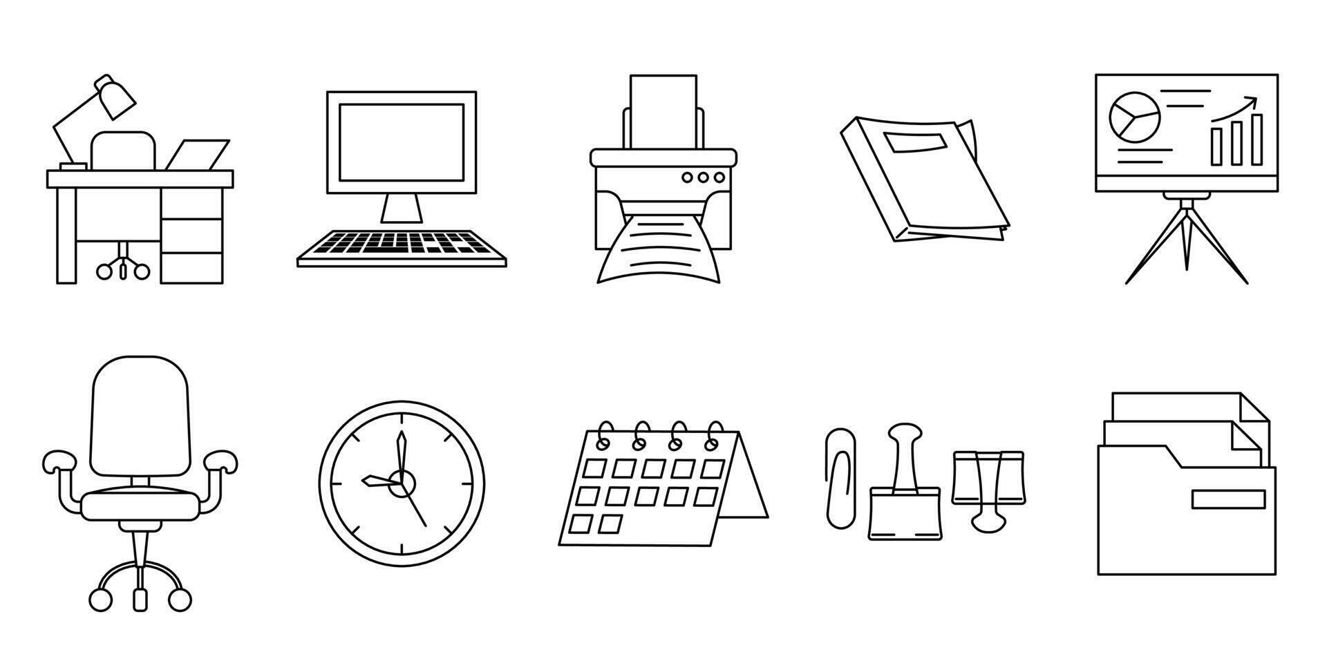 A set of office-themed line icons and elements. desk, computer, printer, book, presentation board, office chair, clock, calendar, stationery clip, and folder. editable strokes vector