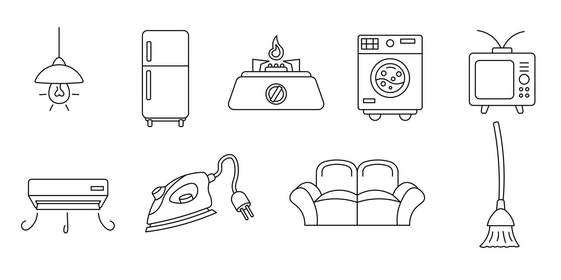 A collection of line illustrations featuring various household appliances and furniture, including lamps, refrigerators, stoves, washing machines, TVs, air conditioners, irons, sofas, and brooms. vector