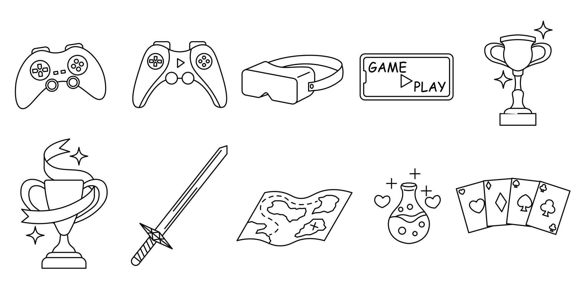 A collection of line illustrations featuring gaming elements, including controllers, VR headsets, game screens, trophies, swords, treasure maps, magic potions, and playing cards. vector