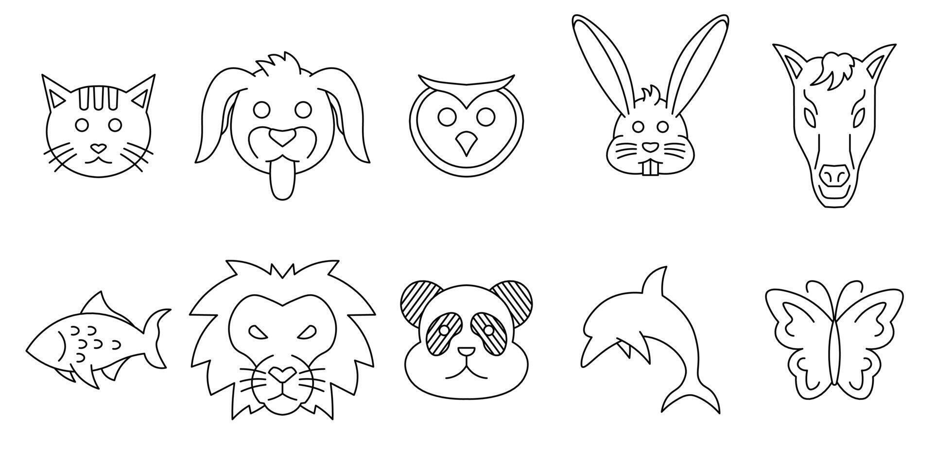 A collection of cute and minimalist animal face line drawings, featuring cats, dogs, owls, rabbits, horses, fish, lions, pandas, dolphins, and butterflies. Editable strokes vector