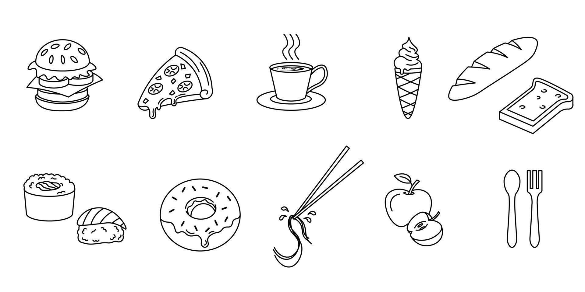 set of line style food themes, such as burger, pizza, coffee, ice cream, bread, toast, sushi, donut, noodles with chopsticks, apple, and cutlery. Editable strokes vector
