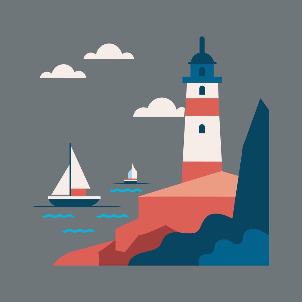 Lighthouse on coast with sailing boats vector