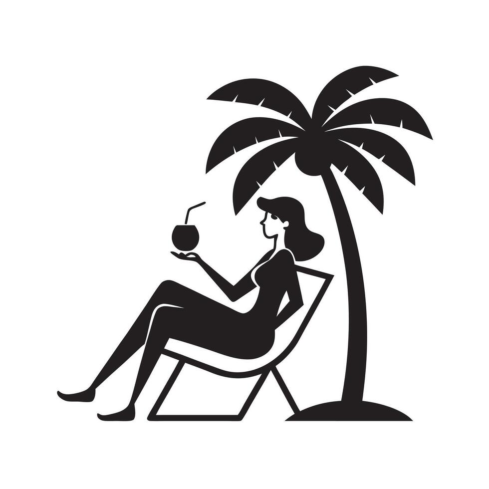 Woman relaxing on beach chair palm vector